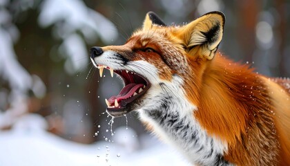 Obraz premium Wild fox howls in snowy forest while displaying sharp teeth and glistening fur