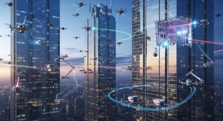 Futuristic City Skyline with Advanced Drones and Robotics in a Urban Environment at Twilight, showcasing Automated Building Maintenance, Construction, and Data Flow