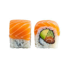 Exquisite Salmon Sushi Rolls on Transparent Backdrop A Culinary Delight Featuring Fresh Fish Rice and Avocado Perfect for Food Blogs and Restaurant Menus
