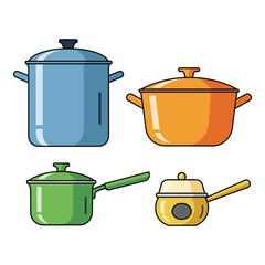 Four colorful cooking pots and pans featuring different sizes and styles for culinary needs