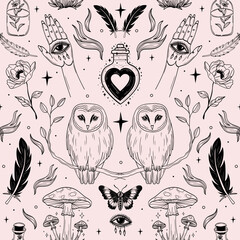 Cute Seamless Halloween Pattern with Spooky Owls, Potions, Hands, Spells, Moths, Eyes, and Flowers