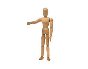 A wooden mannequin figure stands with one arm extended, showcasing a dynamic pose for artistic inspiration.