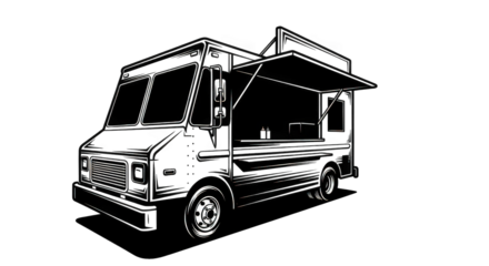 Detailed Monochrome Food Truck Illustration on Transparent Backdrop, Perfect for Culinary Business Branding and Street Food Promotion, Showcasing Mobile Kitchen Design