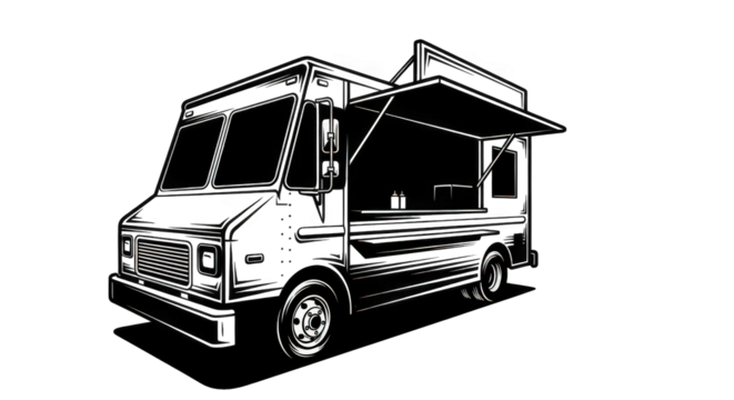 Detailed Monochrome Food Truck Illustration on Transparent Backdrop, Perfect for Culinary Business Branding and Street Food Promotion, Showcasing Mobile Kitchen Design