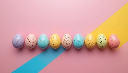 Colorful easter eggs arranged in a line on a pastel pink and yellow background