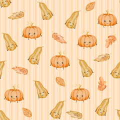 Seamless pattern with cute watercolor pumpkins and leaves on soft striped background. Autumn harvest design perfect for fabric, textile, wrapping paper, wallpaper, stationery, scrapbooking, decoration