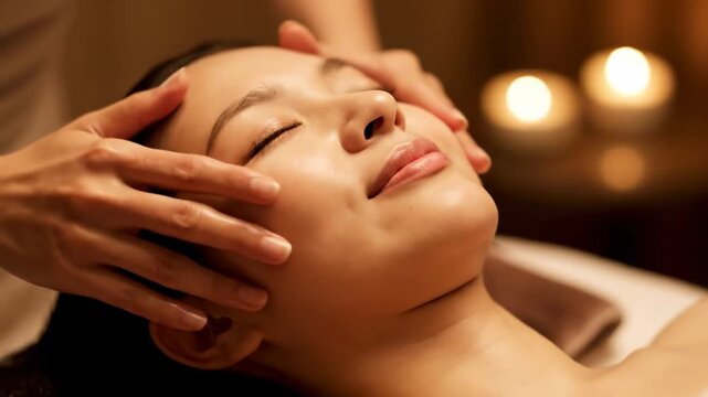 Serene Spa Head Massage - A woman receives a relaxing head massage in a spa setting. Soft lighting and candles create a peaceful atmosphere as her eyes are closed in contentment.