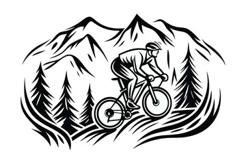 Cyclist Silhouette Riding Bike Mountains Pine Trees on White Background