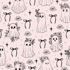 Cute Seamless Halloween Pattern with Spooky Ghosts, Flowers, Bows, and Stars