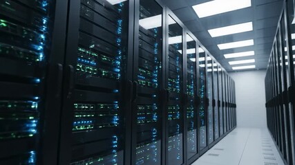 Modern Data Center Server Room Network Connectivity - Rows of illuminated server racks in a modern data center, showcasing high-density computing infrastructure and network connectivity. - Powered by Adobe