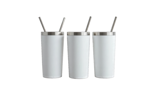 Three White Tumblers with Silver Lids and Straws cups isolated on a transparent background