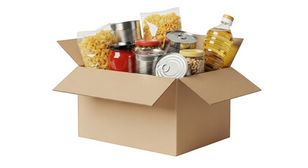 Cardboard Box Filled with Groceries on Transparent Background Essential Food Items for Donation or Stocking Up Your Pantry Supporting Community Needs