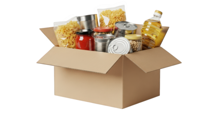 Cardboard Box Filled with Groceries on Transparent Background Essential Food Items for Donation or Stocking Up Your Pantry Supporting Community Needs