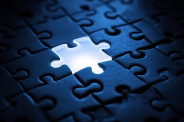 Blue puzzle with a white piece missing. The blue puzzle pieces are scattered across the image