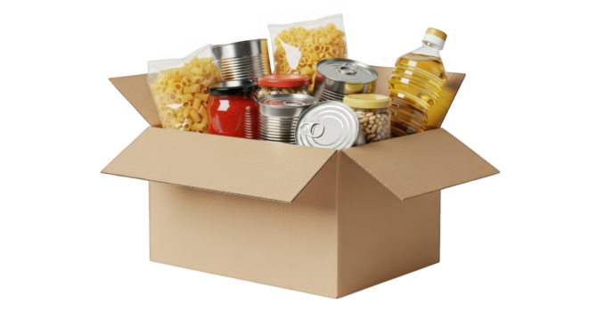 Cardboard Box Filled with Groceries on Transparent Background Essential Food Items for Donation or Stocking Up Your Pantry Supporting Community Needs