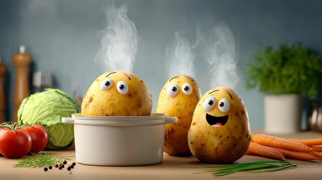 Animated potatoes with expressive faces emerge from steaming pot, showcasing a playful cooking scene with vibrant vegetables and kitchen elements, capturing the whimsical essence of food preparation