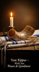 Yom Kippur greeting background with candlelight, honey bowl and traditional Jewish symbols.