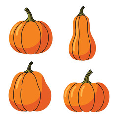 Collection of four vibrant orange pumpkins ready for autumn decorations and harvest season