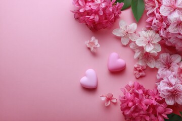 Obraz premium Delicate pink background adorned with hearts and blooming flowers for a romantic celebration