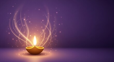 Golden illuminated oil lamp with sparkling light trails on a dark purple background, offering copy space.