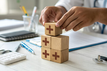 Health insurance concept, hands placing plus icon onwooden cube, symbolizing halthcare access