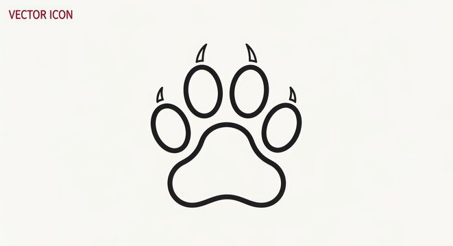 Vector icon of a black outline animal paw print with claws on a clean white background, ideal for animal-themed designs and digital projects.