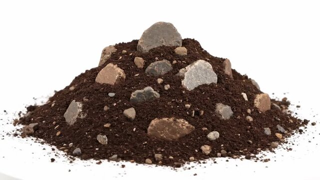 Pile of Soil and Rocks Isolated on White - A close-up side view of a small pile of dark brown soil mixed with various sized rocks, isolated on a pure white background.