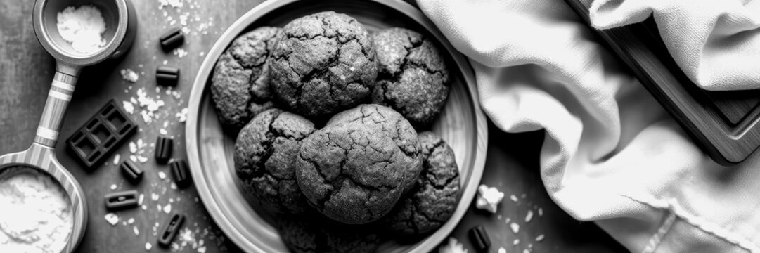 Delicious chocolate cookies on a wooden plate with baking ingredients - Powered by Adobe