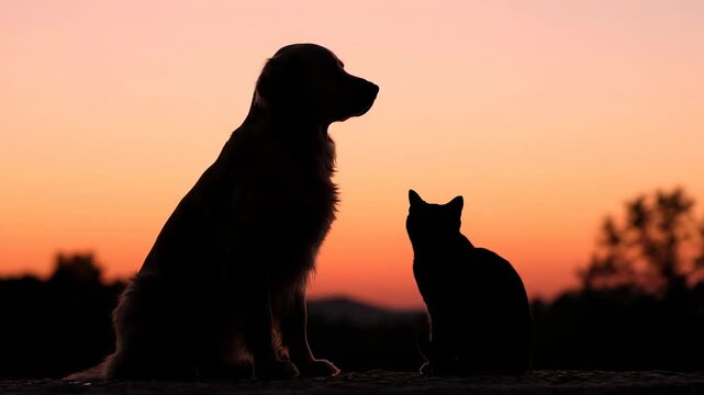 Dog and Cat Silhouettes at Sunset - The silhouettes of a dog and a cat sitting side-by-side are captured against a vibrant sunset backdrop.