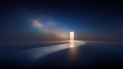 Dark sky with a glowing light shining on a large open door. The door is surrounded by a path of light