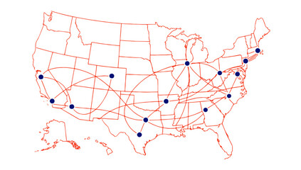 USA Network Map with Blue Nodes and Red Routes &ndash; Vector Connectivity Illustration