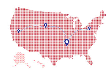 United States Map with Travel Route and Location Markers – Red Dotted Vector