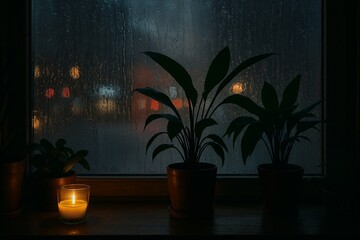 Cozy Candlelight and Houseplants by Rainy Window at Night