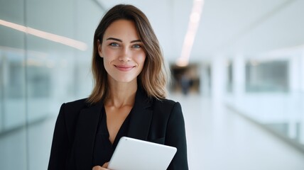 A woman in a business suit stands in a bright office corridor. She holds a tablet with a plain white screen, tilted slightly toward the viewer.