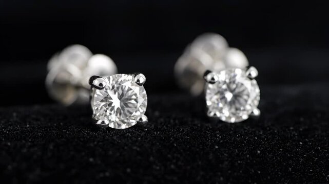 Sparkling Diamond Earrings in Black Velvet - Close-up view of a pair of elegant silver diamond stud earrings displayed on a black velvet background.