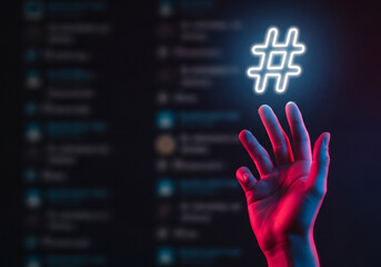 A hand interacting with a floating hashtag icon above a blurred digital interface, perfect for online community management and social media engagement