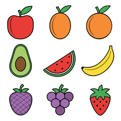 Colorful Cartoon Fruit Medley A Vibrant and Playful Collection of Healthy and Delicious Treats in Simple Vector Style