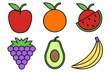 Colorful and Playful Assortment of Cartoon Fruits Featuring an Apple, Orange, Watermelon, Grapes, Avocado, and Banana