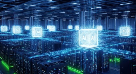 Futuristic AI Data Center with Glowing Servers and Interconnected Digital Network for Advanced Machine Learning