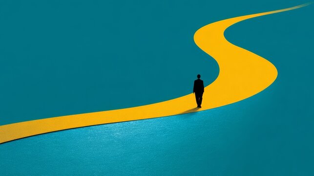 Man walks down a yellow road. The road is curved and the man is walking in the middle of it