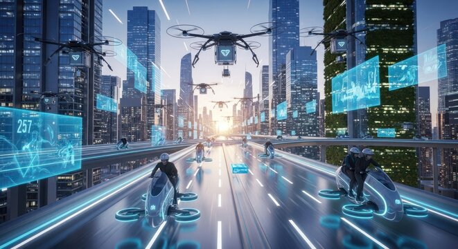 Futuristic Cityscape with Advanced Urban Mobility, Delivery Drones, and Holographic Interfaces at Sunrise