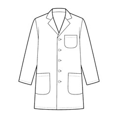 Black and white line drawing of a white lab coat with buttons and pockets white coat medical uniform