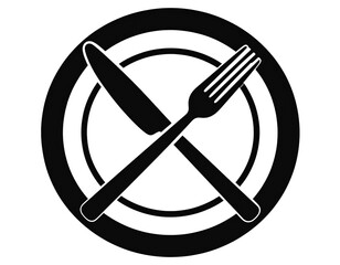 Flat Silhouette Fork and Knife Icon Inside Circle, PNG Transparent 