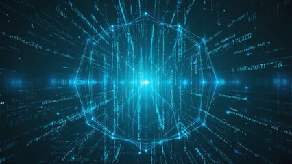 Abstract digital background featuring a glowing blue hexagon shape surrounded by dynamic streaming data lines in cyberspace, high-tech networks, blockchain security, and advanced information transfer.