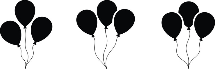 Black silhouette balloon groups on white background, minimal design, counting concept, educational visual, quantity progression, isolated vector illustration