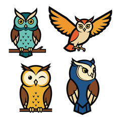 Cute cartoon owls set graphic design elements for nature and wildlife projects