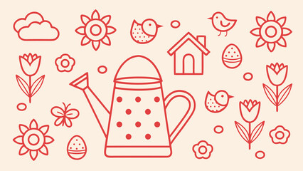 Whimsical garden sketchbook elements watering can flowers birds butterflies easter eggs and clouds