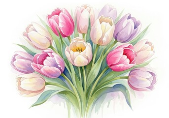 Naklejka premium A beautiful watercolor painting of a bouquet of tulips in various shades of pink, purple, and white, with green leaves
