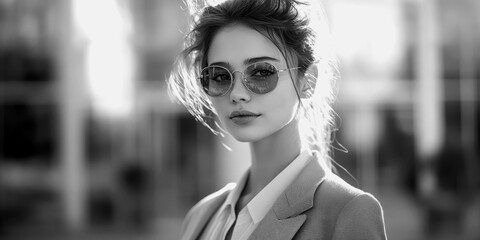 Young woman in sunglasses posing in a stylish outfit outdoors