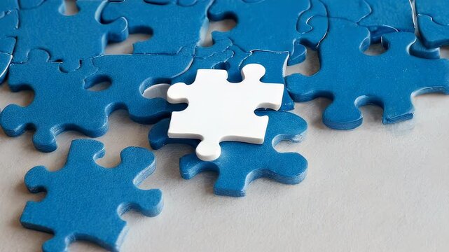 Close-up of blue puzzle pieces with one white piece